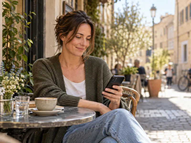 A mother looks at her smartphone with a relaxed smile while sitting at a café